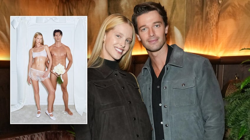 Patrick Schwarzenegger and his fiancé side by side images, on a red carpet and in a SKIMS ad