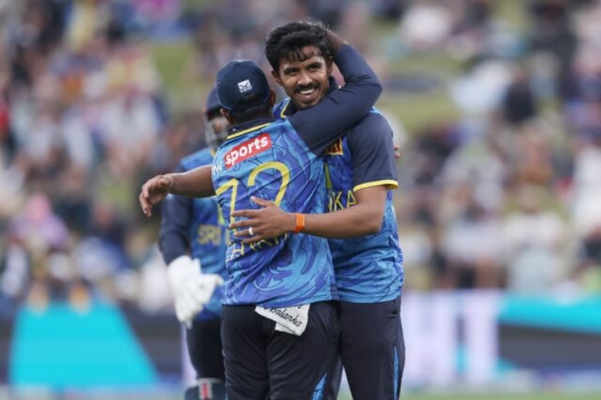 Sri Lanka’s Maheesh Theekshana celebrates his hat-trick