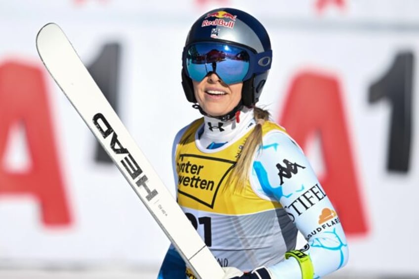 USA's Lindsey Vonn reacts after her run in the world downhill in Saalbach