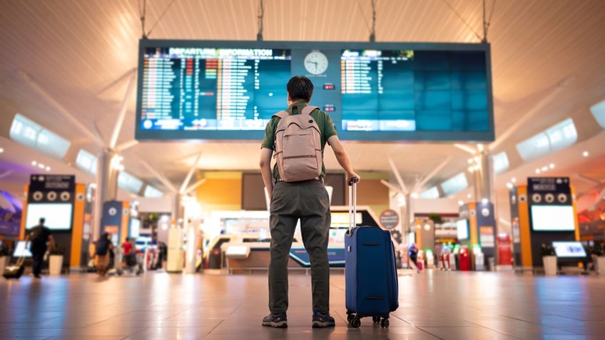 man in airport looking at arrival and departure board