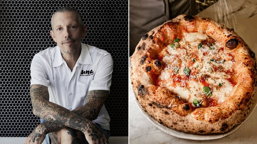 Split image of Chef Anthony with a pizza.