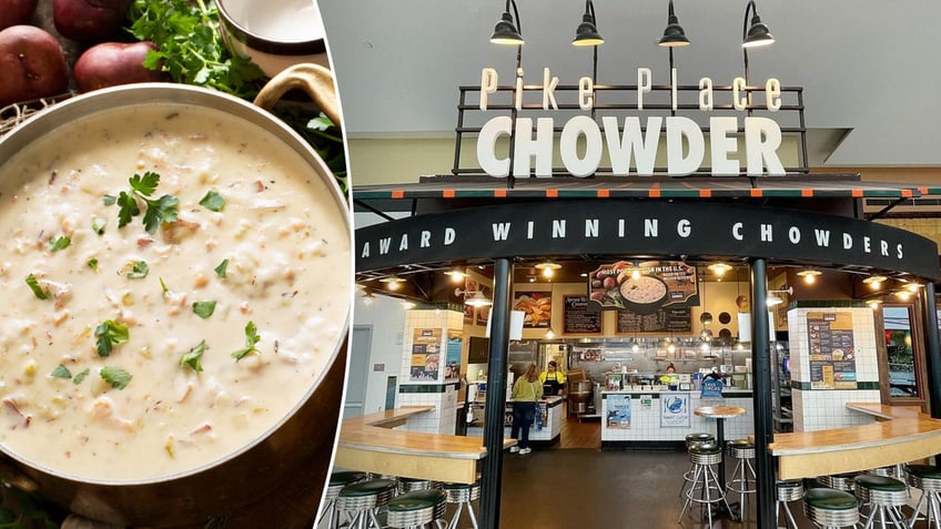 A split image of a bowl of chowder and a storefront of Pike Place Chowder "award winning chowders"