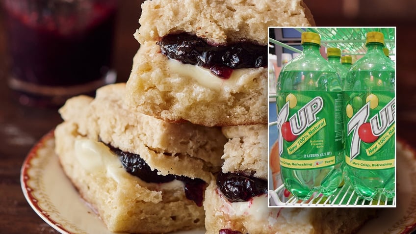 Biscuits with preserves and an inset of 7UP soda bottles.