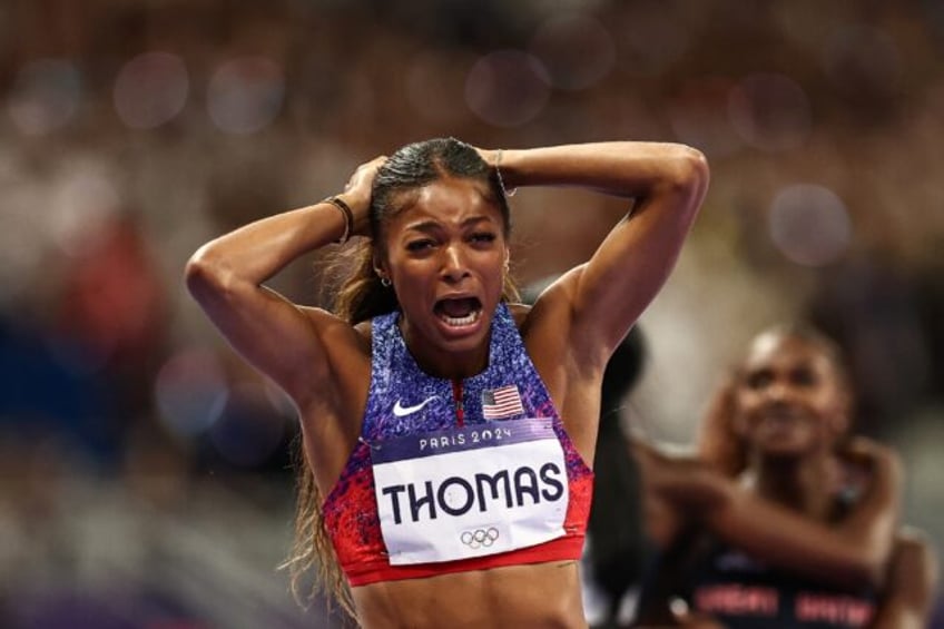 American Gabby Thomas celebrates winning the women's 200m