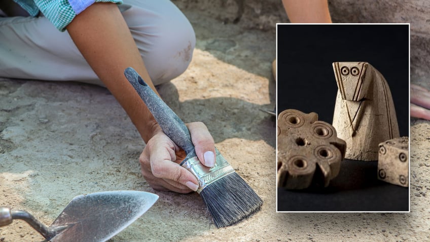 Split image of archaeologist working and chess pieces