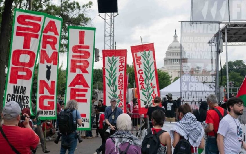 Pro-Palestinian demonstrators protest near the US Capitol before Israeli Prime Minister B