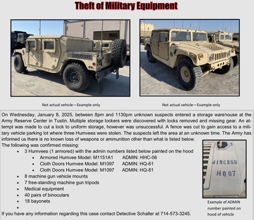 three military humvees machine gun mounts stolen outside of los angeles