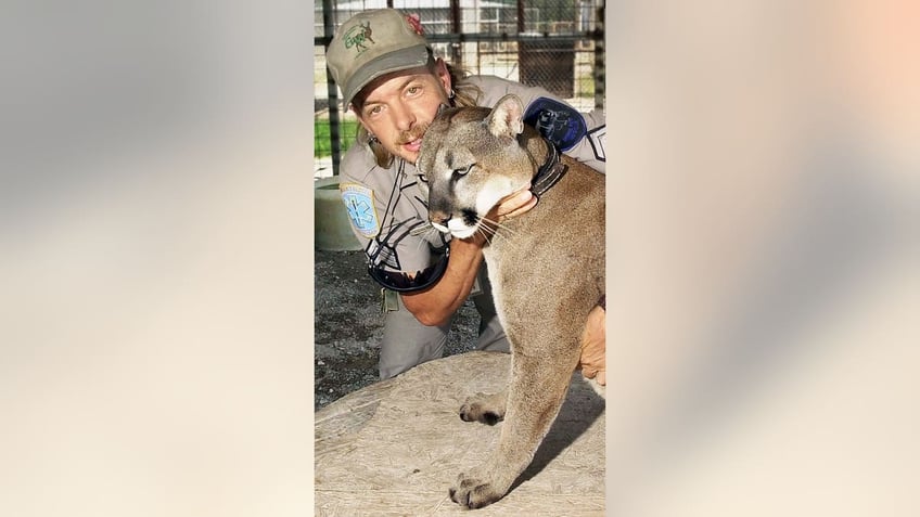 Joe hugging "Sheba", North American mountain lion