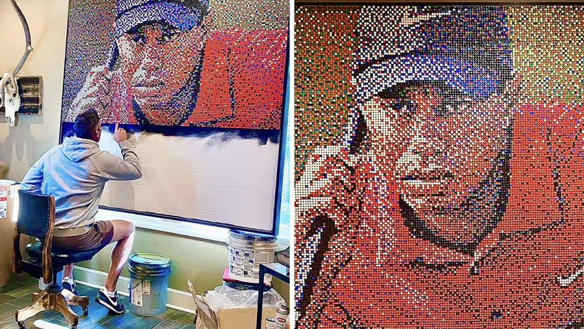 tiger woods fan creates mural of the player using 25000 golf tees see the artists stunning design