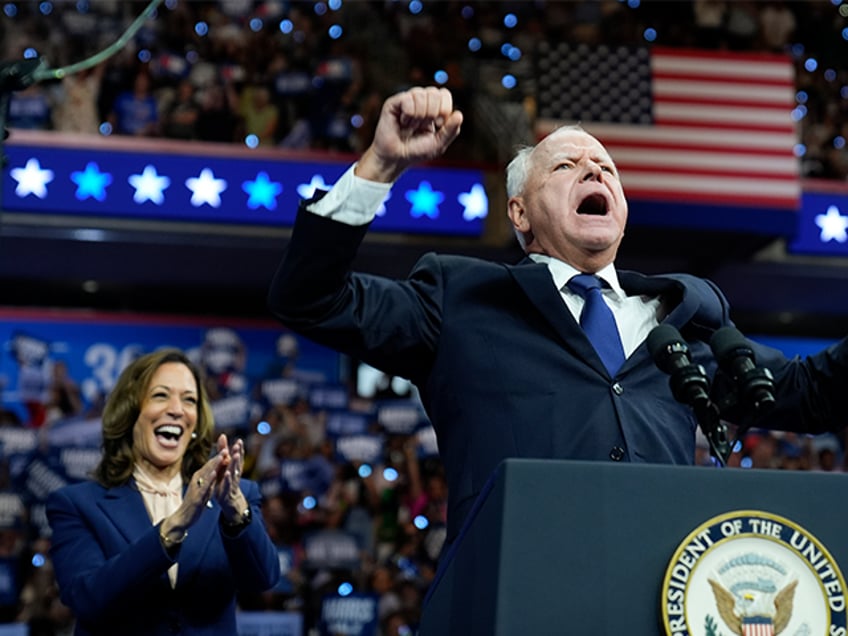 Democratic vice presidential nominee Minnesota Gov. Tim Walz appears with Democratic presi