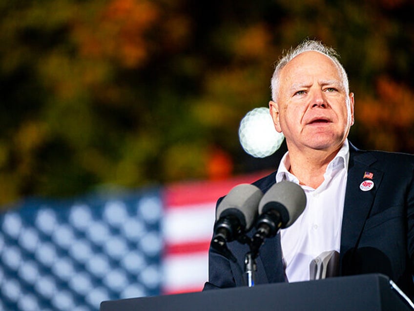 Democratic vice presidential nominee, Minnesota Gov. Tim Walz speaks at a campaign rally o