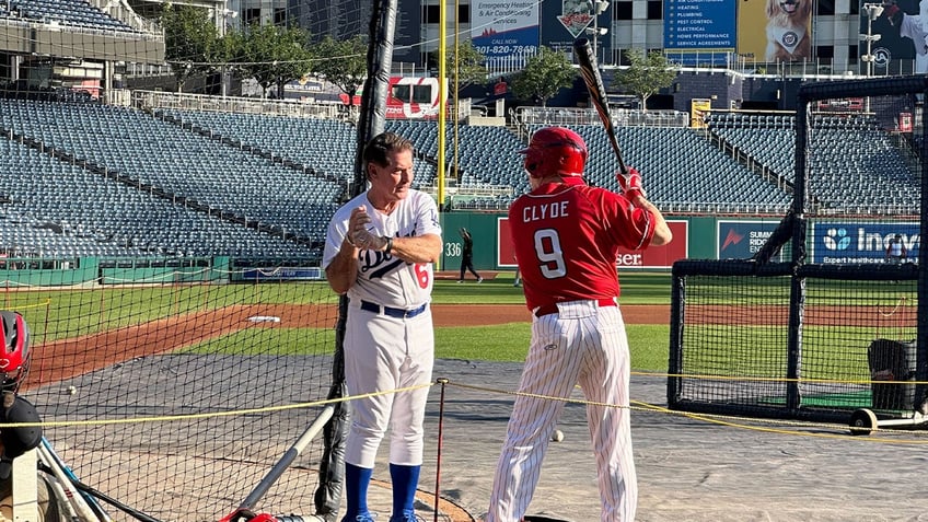 Steve Garvey, former LA Dodgers first baseman and California Senate candidate, gave batting tips to GOP members of congress ahead of the annual congressional baseball game Wednesday.