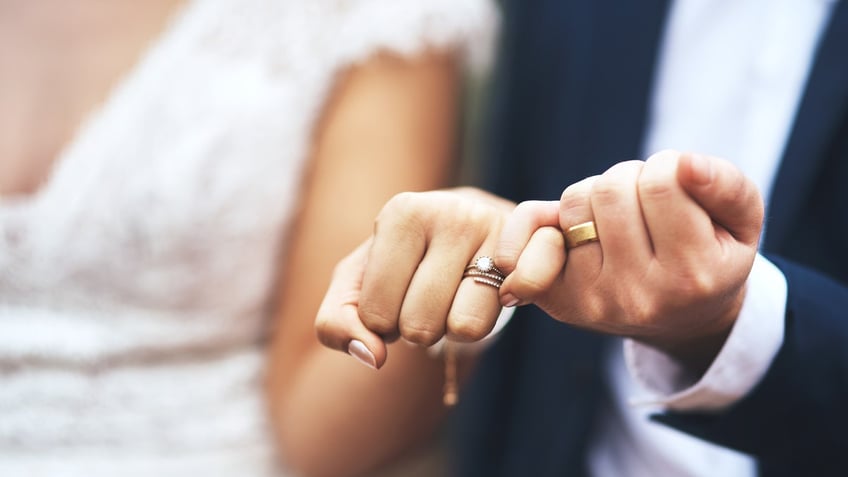 Close-up of bride and grooms hands on wedding day