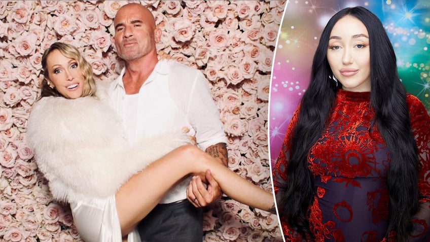 Tish Cyrus has her leg held up by Dominic Purcell at their wedding in front of a backdrop of pink flowers split Noah Cyrus in a red shirt purses her lips for a photo