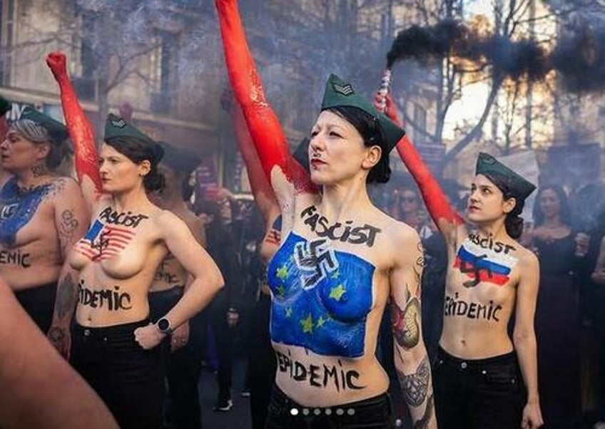 titty tantrum topless french women shriek heil donald trump heil vladimir putin heil elon musk to protest fascist epidemic