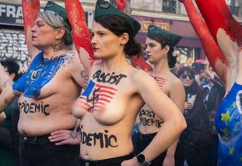 titty tantrum topless french women shriek heil donald trump heil vladimir putin heil elon musk to protest fascist epidemic