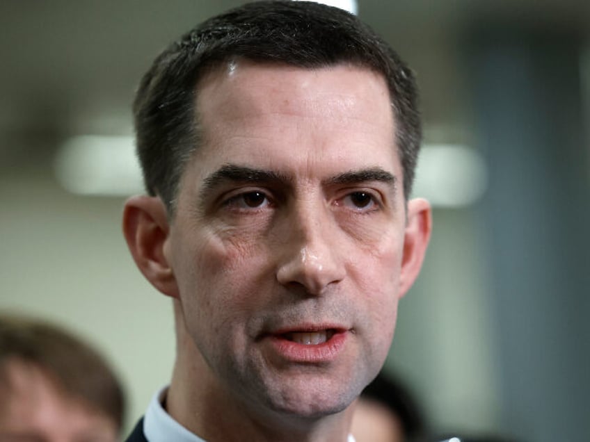 Sen. Tom Cotton (R-AK) speaks with reporters after attending a closed-door, classified bri