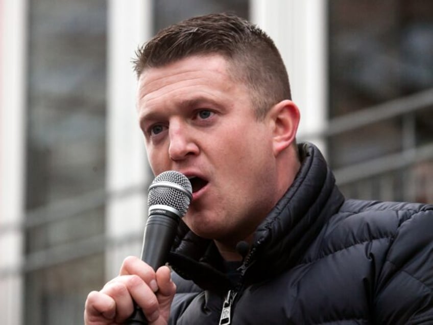 UK right-wing activist Tommy Robinson speaks at a demonstration in Copenhagen at Axeltorv