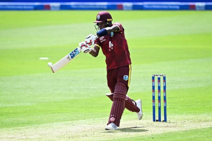 West Indies' Keacy Carty hits a four during his hundred in the second one-day internation