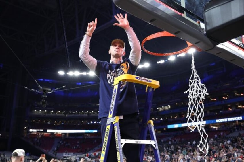 University of Connecticut head coach Dan Hurley, shown celebrating the team's second conse