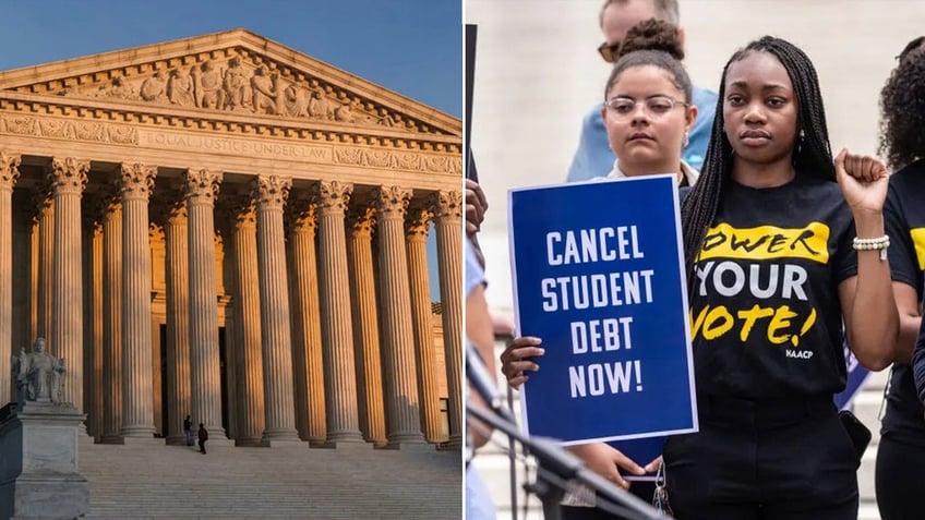 Images of protesters calling on the Biden administration to cancel student loan debt stand juxtaposed next to an image of the Supreme Court.