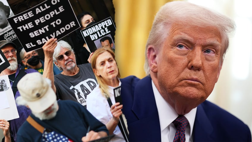 A split image of demonstrators in New York City, protesting the Trump administration's use of the Alien Enemies Act to more quickly deport certain migrants from the U.S. to El Salvador, alongside a photo of U.S. President Donald Trump at the White House in 2025. Photos via Getty images