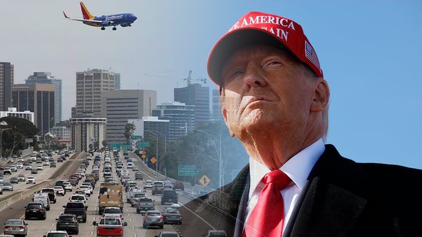 Airplane flying over San Diego, Donald Trump