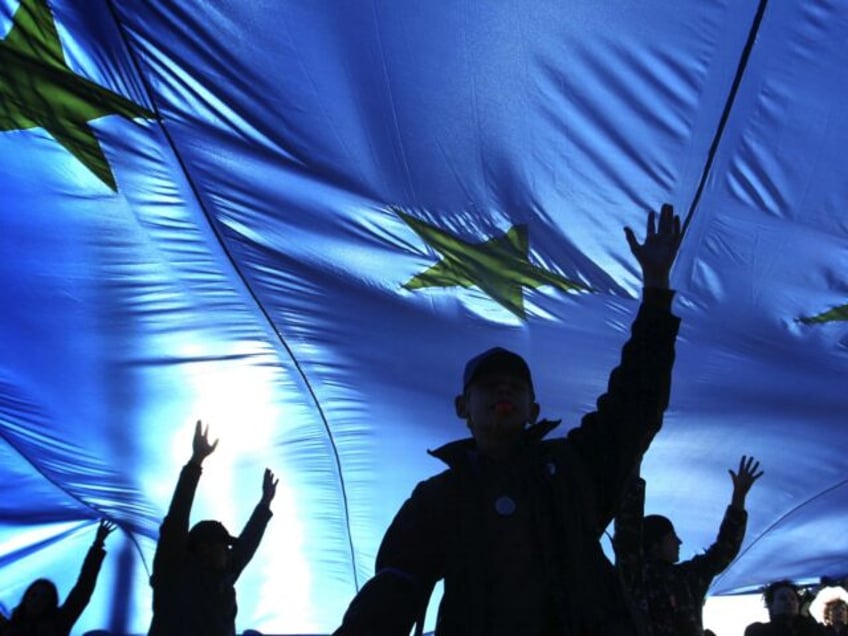 Young supporters of Belarus's opposition carry a European Union flag as they walk along a