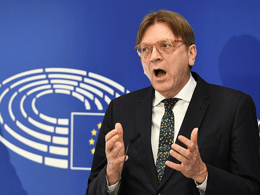 The European Parliament's chief Brexit negotiator Guy Verhofstadt gestures as he addresses