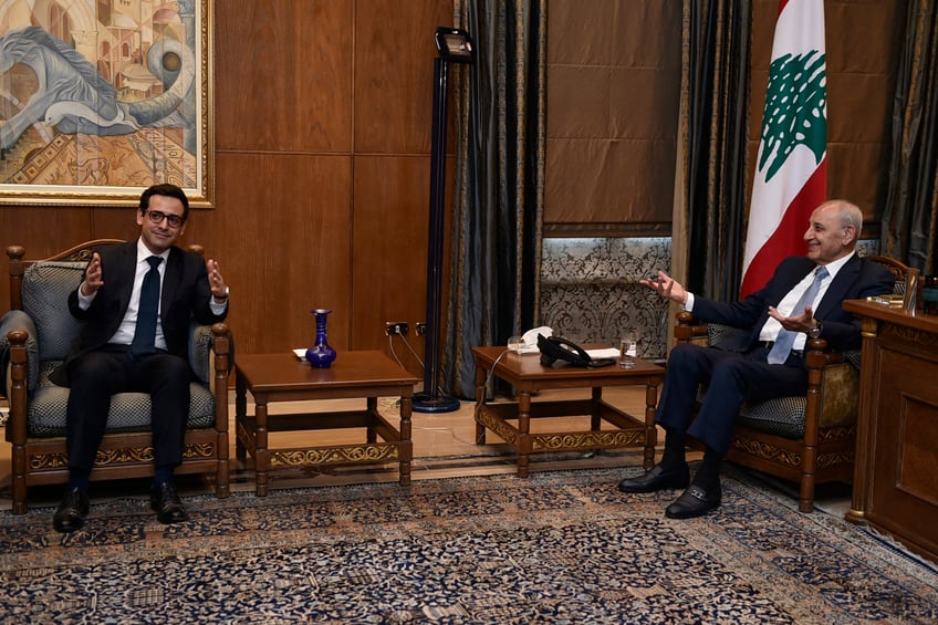 Lebanon's Parliament Speaker Nabih Berri (R) meets with France's Minister for Foreign and European Affairs Stephane Sejourne in Beirut on April 28, 2024. (Photo by AFP) (Photo by -/AFP via Getty Images)