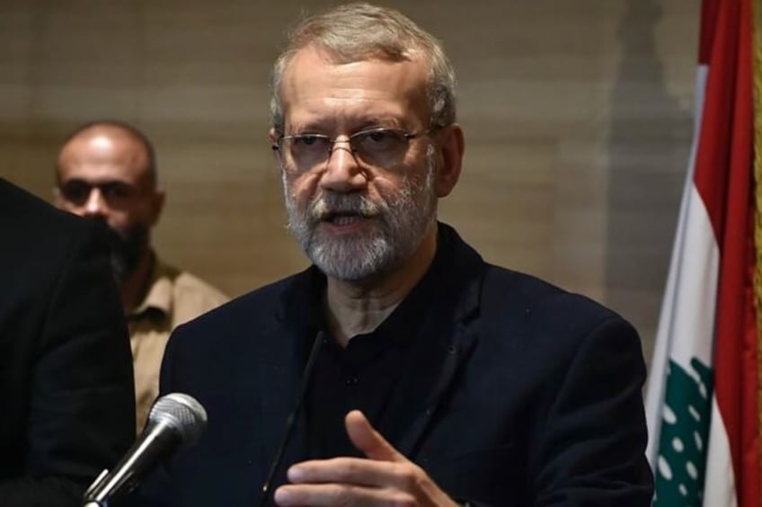 Ali Larijani speaks to reporters after meeting Lebanon's parliament speaker in Beirut