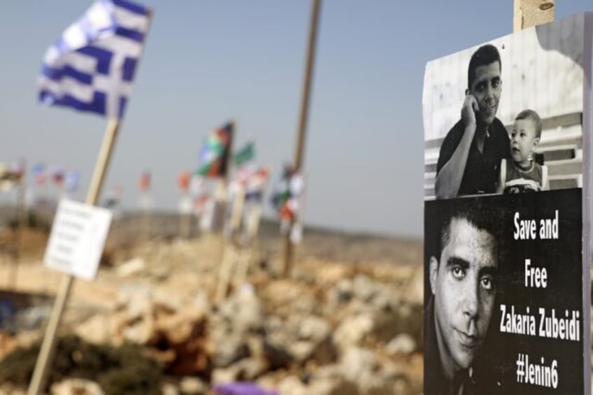 A poster of Zakaria Zubeidi, in September 2021 at a protest camp near Salfit in the Israel