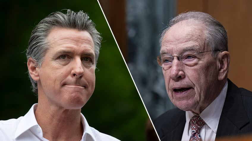 A split photo shows California Governor Gavin Newsom, left, and Iowa Senator Chuck Grassley, right.