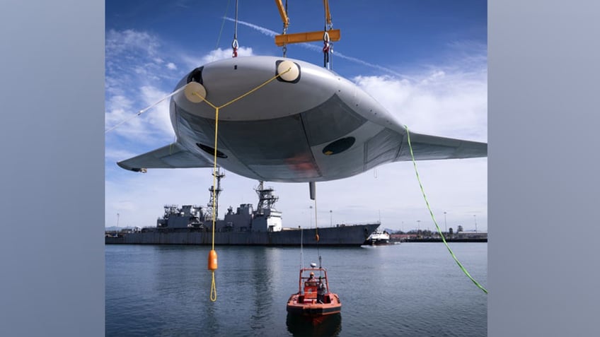 Manta Ray being hoisted into water.