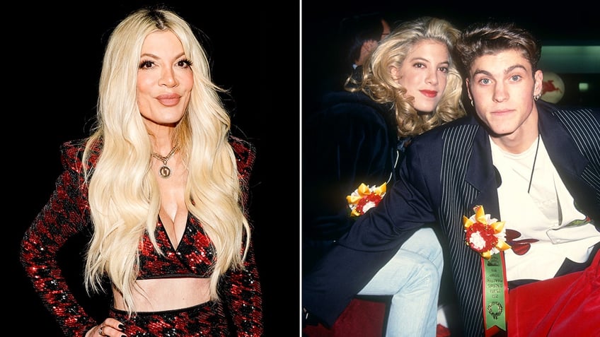 side by side photos of Tori Spelling in 2024 and Tori Spelling and Brian Austin Green in 1992