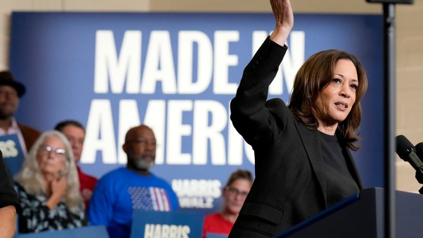 Democratic presidential nominee Vice President Kamala Harris speaks at UAW Local 652 during a campaign event in Lansing, Michigan, on Friday, Oct. 18, 2024.