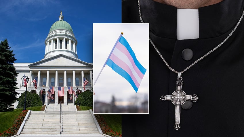 Maine Capitol, inset image of trans flag; cross on a clerical rober with Roman collar