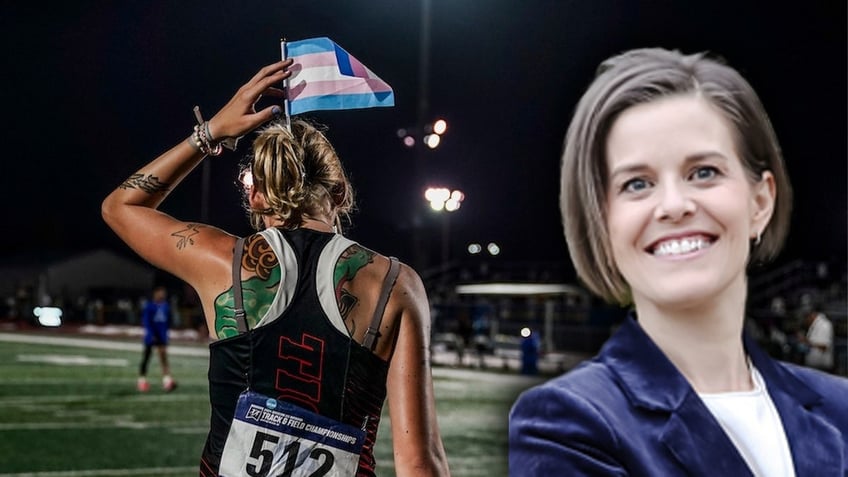 Laurel Libby, right; track athlete with trans flag, left