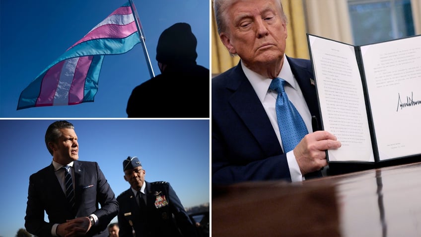 trans flag, upper left; Secretary of Defense Hegseth lower left; President Trump, right