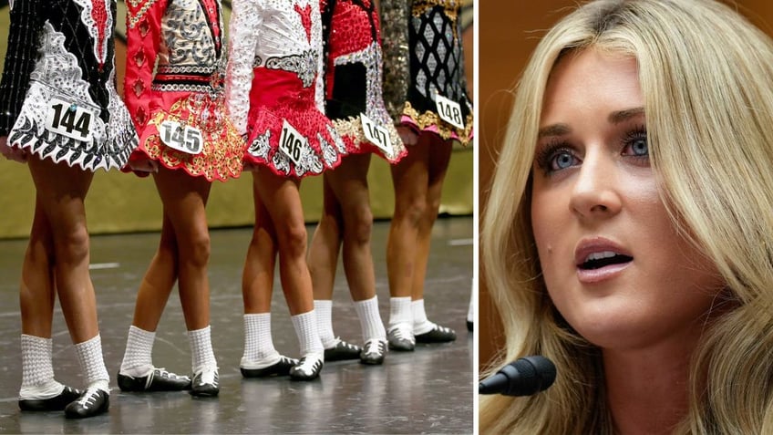 A leg shot of a group of female Irish dancers, left, and a head shot of Riley Gaines, right