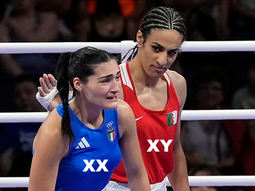 FILE - Algeria's Imane Khelif, right, looks at Italy's Angela Carini, following