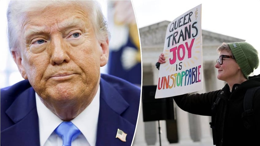 President Donald Trump, left; trans activist with sign, right