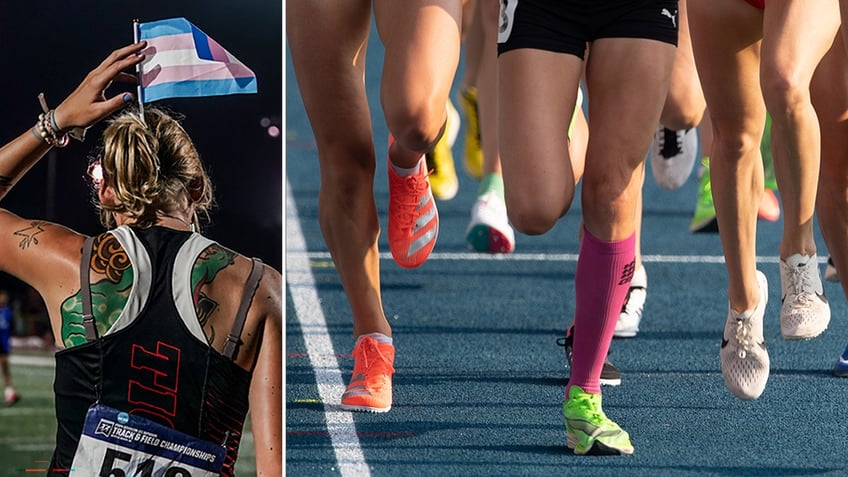 A transgender athlete placed beside a photo of girls running