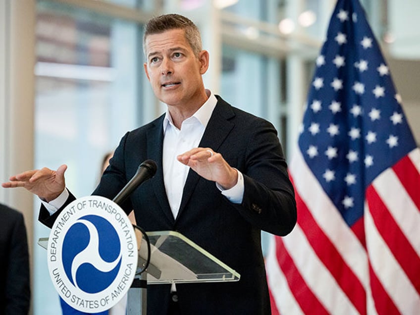Sean Duffy, US secretary of transportation, speaks during a news conference at Newark Libe
