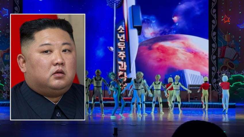 Split image of Kim Jong Un, children perform in North Korea