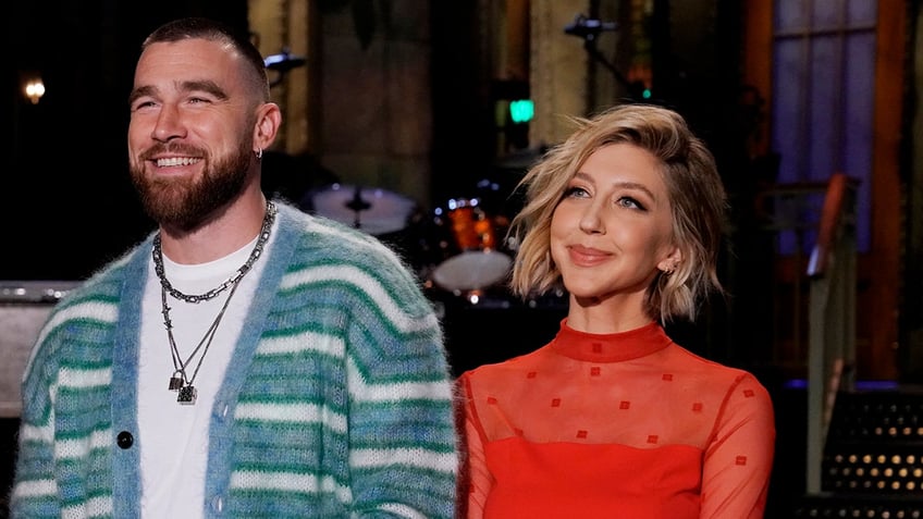 Travis Kelce and Heidi Gardner on "SNL" set