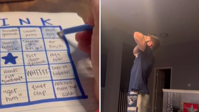 Split image of Makenzie's bingo card and Justin watching game