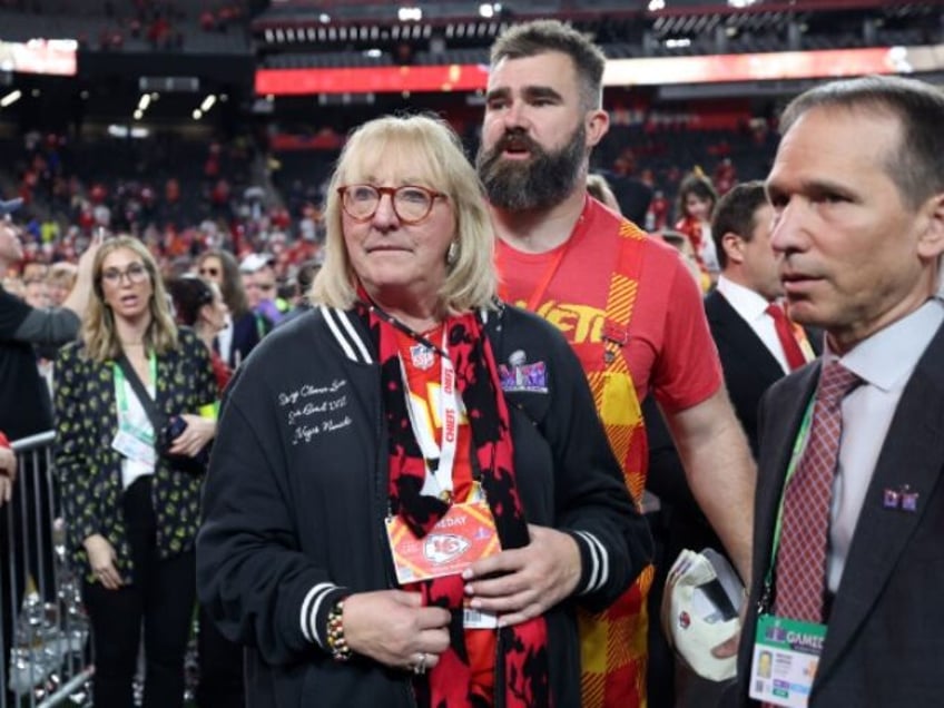 LAS VEGAS, NV - FEBRUARY 11: Donna and Jason Kelce stand on the field after Super Bowl LVI