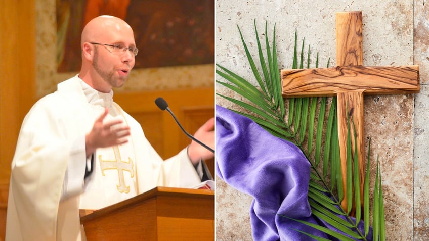Priest preaching split with symbols of Lent