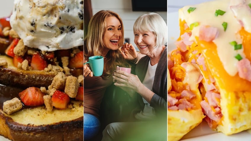 Churro French toast, mother daughter chatting, ham and egg omelet